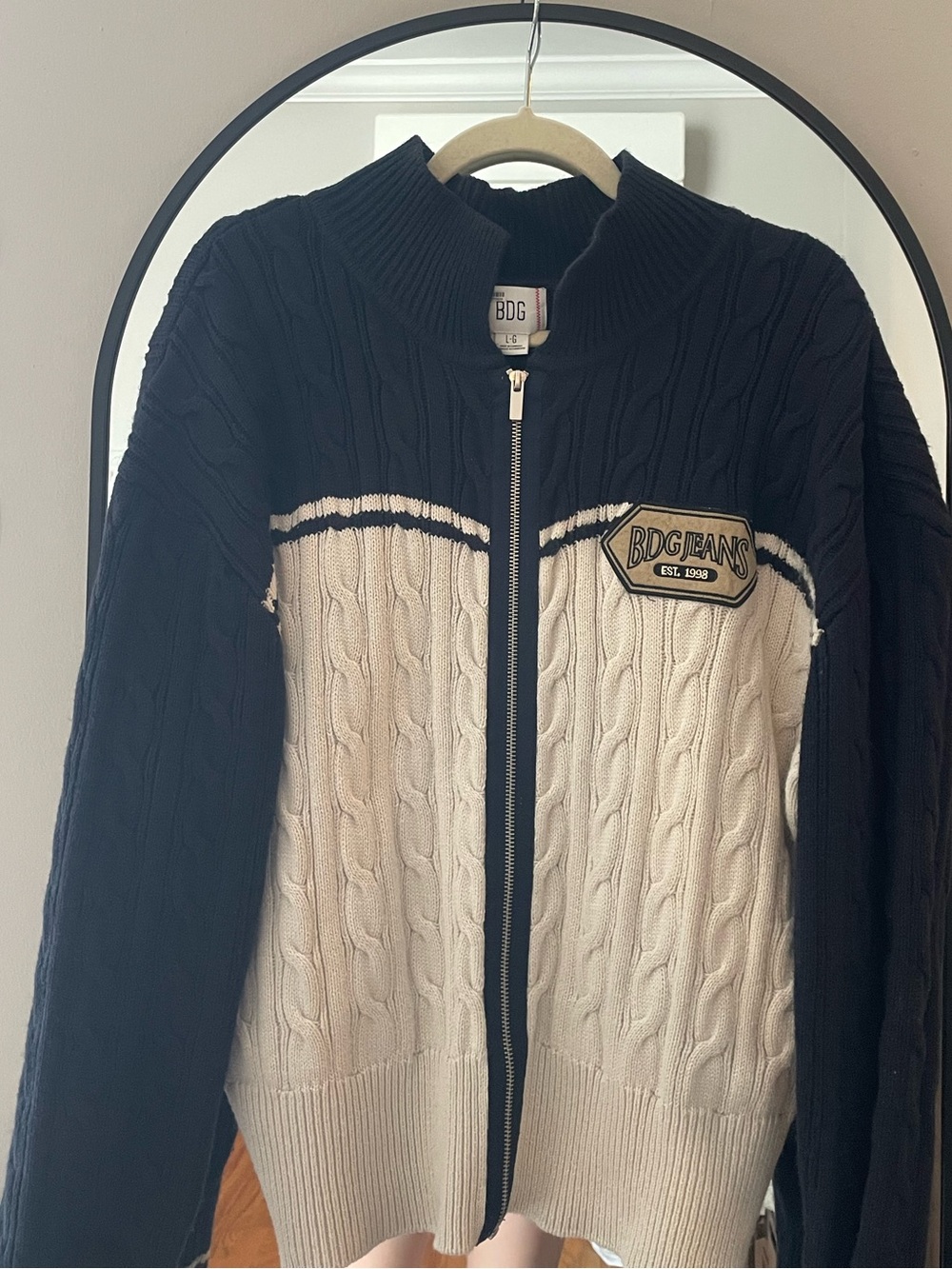 Vintage BDG Navy and Cream Ribbed Cable Knit Zip Sweater
